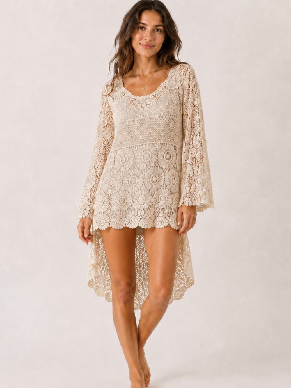 POL Ivory Crochet Lace Bell-Sleeve Boho Tunic Dress